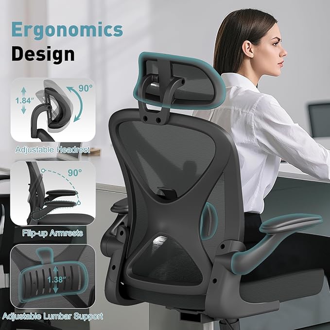 Ergonomic Office Chair with Adjustable Lumbar Support and Headrest, Mesh Home Office Desk Chair with Flip-up Arms and Wheels, Black