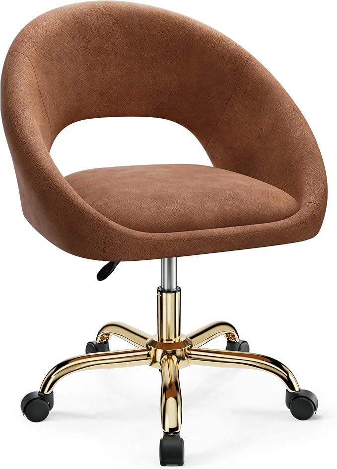 Vanity Chair with Wheels, Modern Makeup Vanity Chairs with Back Adjustable Height, Comfy Cute Home Office Desk Chairs for Bedroom, Living Room (Brown)