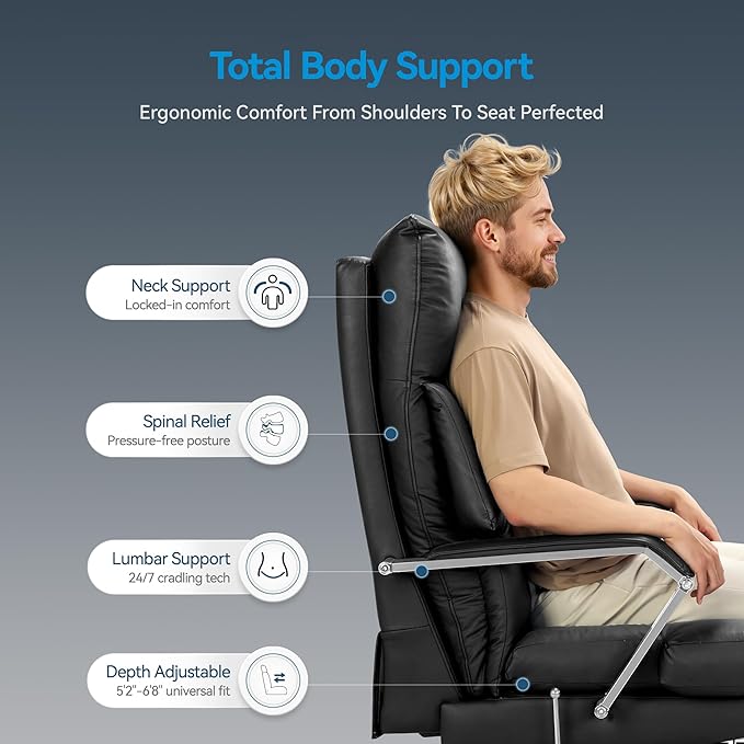 M76 160° Reclining Executive Office Chair with Footrest, Adjustable Seat Depth, 10" Thick Cloud Cushion Desk Chair, 420lb Heavy Duty High Back Leather Desk Chair for Home Office, Black