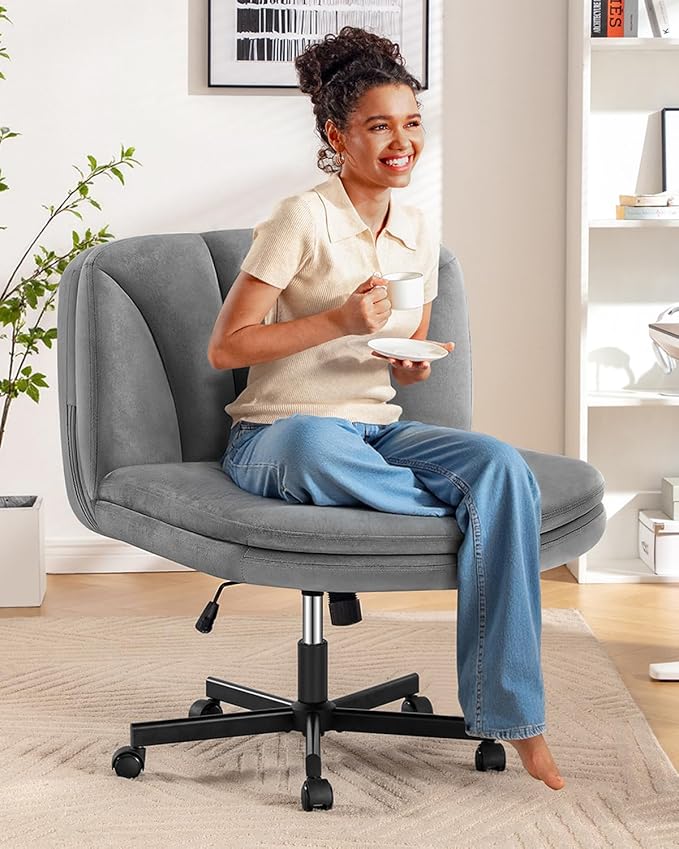 FelixKing Criss Cross Chair with Wheels, Cross Legged Office Chair, Armless Wide Vanity Desk Chair with 2 Layer Comfty Velvet & Back - Swivel for Home Office Bedroom, Velvet Gray
