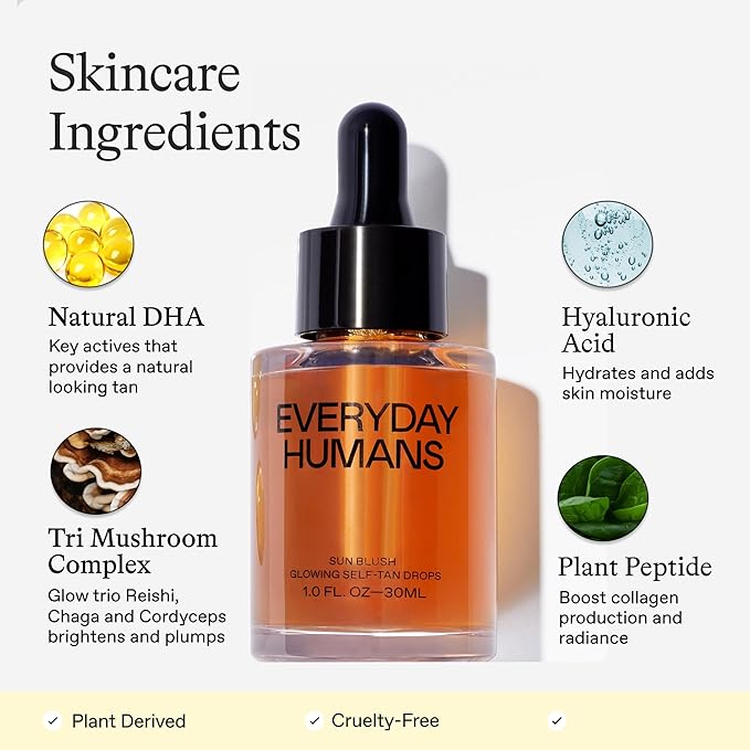 Sun Blush Glowing Self Tanning Drops Australian Made 1.0 fl.oz | Sun-Kissed, Natural Face & Body Gradual Self Tanner with Peptides | Fragrance Free| Everyday Humans