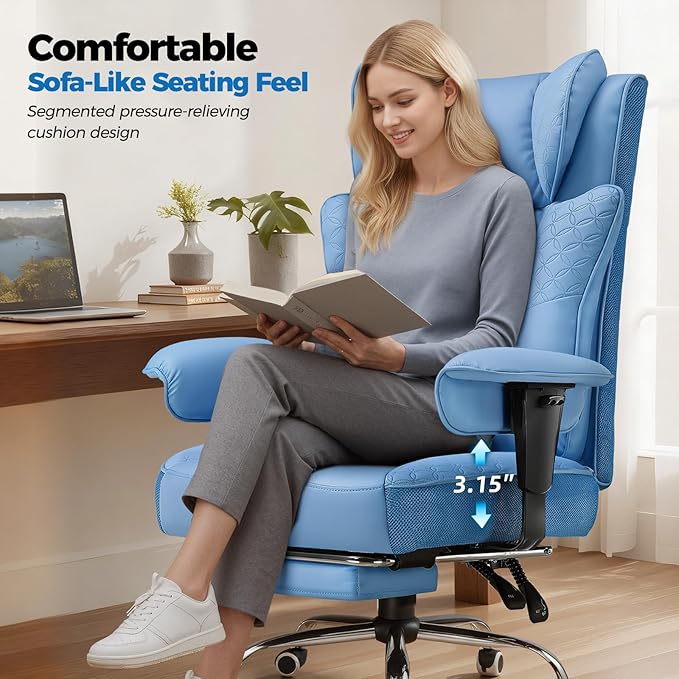 GTPLAYER Big and Tall Office Chair 400LBS Wide Ergonomic Gaming Chair with Deluxe Embossing Designed Leather with Foot Rest,150°Reclining Adjustable Soft Armrests Pocket Spring Back Support and Pillow
