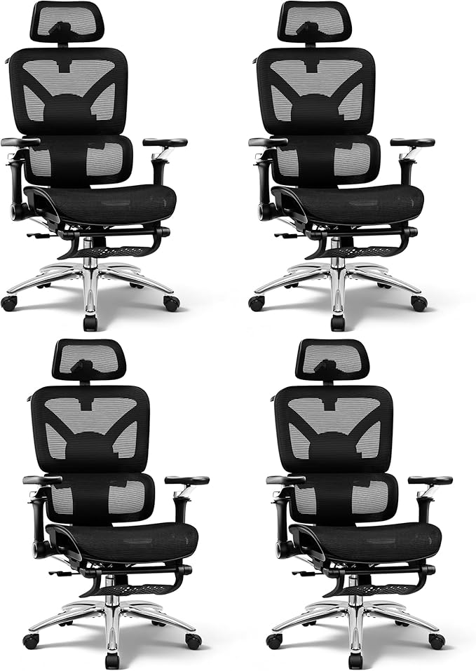Ergonomic Office Chair with Footrest, Big and Tall Home Desk Chair, High Back Rolling Computer Chair with 5D Flip-Up Arms and Lumbar Support, Comfy Gaming Chair, Black-4 Pack
