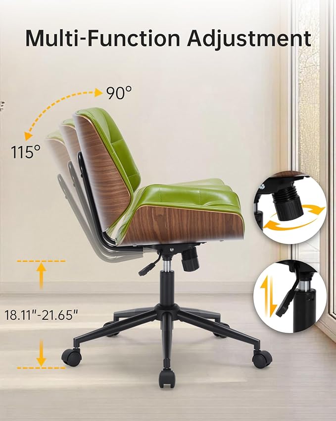 Mid-Century Modern Home Office Chair,Accent Ergonomic Desk Chair with Walnut Finish&PU Leather,Armless Executive Computer Chair with 360° Swivel Rolling Wheels for Vanity, Bedroom&Workspace (Green)