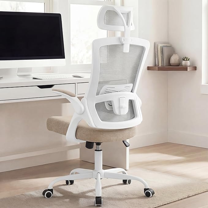 NEO Chair Office Chair High Back Desk Mesh Chair Comfy Computer Gaming Seat with Adjustable Ergonomic Headrest Lumbar Rolling Flip-up Armrests and Wheels (Beige)