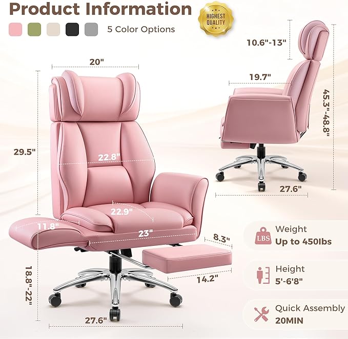 Big and Tall Office Chair, Flip Armrests for Pets & Cross Legged Sitting, Ergonomic Leather Executive Desk Chair with Foot Rest, High-Back Reclining Computer Chairs for Office Home Game - Pink