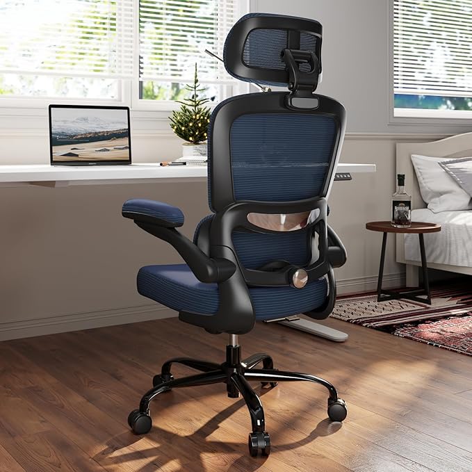 TRALT Ergonomic Office Chair - Desk Chair with Adjustable Headrest Lumbar Support Computer Chair - Mesh Comfy Chair with Flip-up Armrests - Gaming Chairs for Adults Home Office (Leather, Navy Blue)