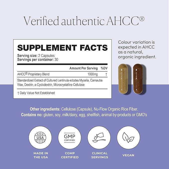 AHCC Supplement - Maximum Strength - Natural Immune Support Extract - Maintains Natural Killer Cell Activity - 20+ Human Research Studies - 60 Veggie Capsules (1 Pack)