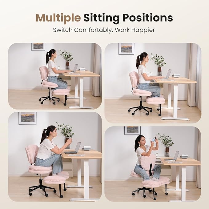 Extra-Wide & Tall Cross-Legged Office Chair – Deeply-Padded Cloud Seat, Ergonomic Back Support, Adjustable Height for ADHD & Meditation,Pink