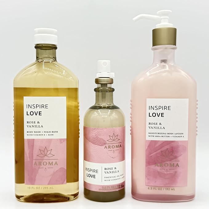 Rose & Vanilla Inspire Love 3-Piece Bath Bundle | Body Wash, Essential Oil Mist and Moisturizing Body Lotion