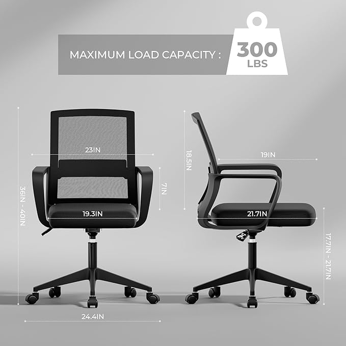 SUKIDA Desk Chair Mesh Office Chair with Upholstery Executive Office Chair with Armrests, Mid-Back Task Chair Height-Adjustable Computer Chair, Black