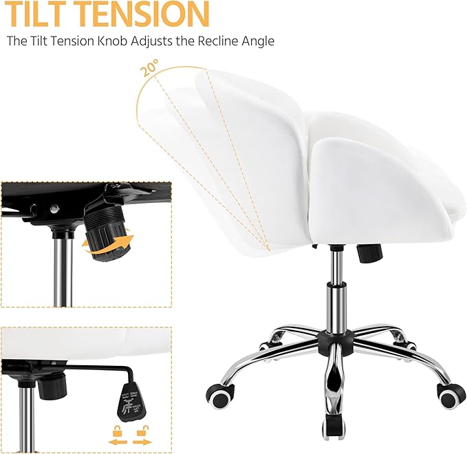 Yaheetech Cute Desk Chair for Home Office, Adjustable Vanity Chair Modern Upholstered Chair Swivel Rolling Task Chair with Armrests for Work, Study, Living Room, Bedroom, Snowy