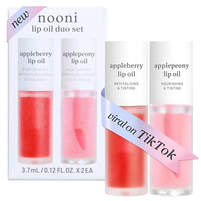 NOONI Korean Lip Oil Set - Appleberry & Applepeony - Long-Lasting, Moisturizing, Revitalizing - Waterproof, No Peel Off, Stocking Stuffers (2EA, 0.12 fl oz)