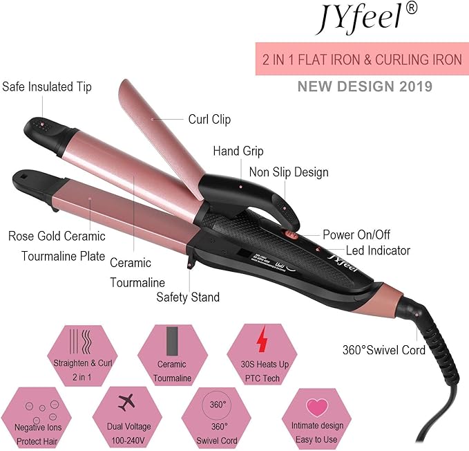 2 in 1 Travel Curling Flat Iron Dual Voltage Mini Hair Straightener and Curler (Rose Gold)