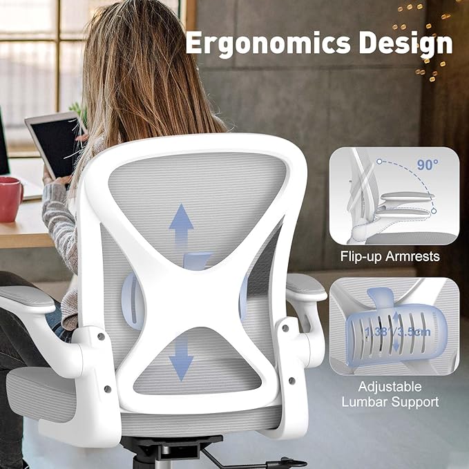 Mesh Office Chair with Adjustable Lumbar Support and Flip-up Arms, Ergonomic Home Office Desk Chair with Wheels, Grey
