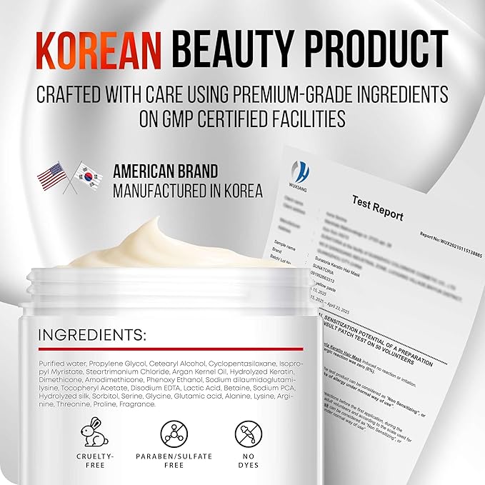 SUNATORIA Korean Keratin Hair Mask for Damaged Hair - Deep Conditioning Treatment with Hydrolyzed Silk, Argan Oil & 8 Amino Acids | Strengthens, Smooths & Nourishes, Sulfate-Free | 8.4 fl oz