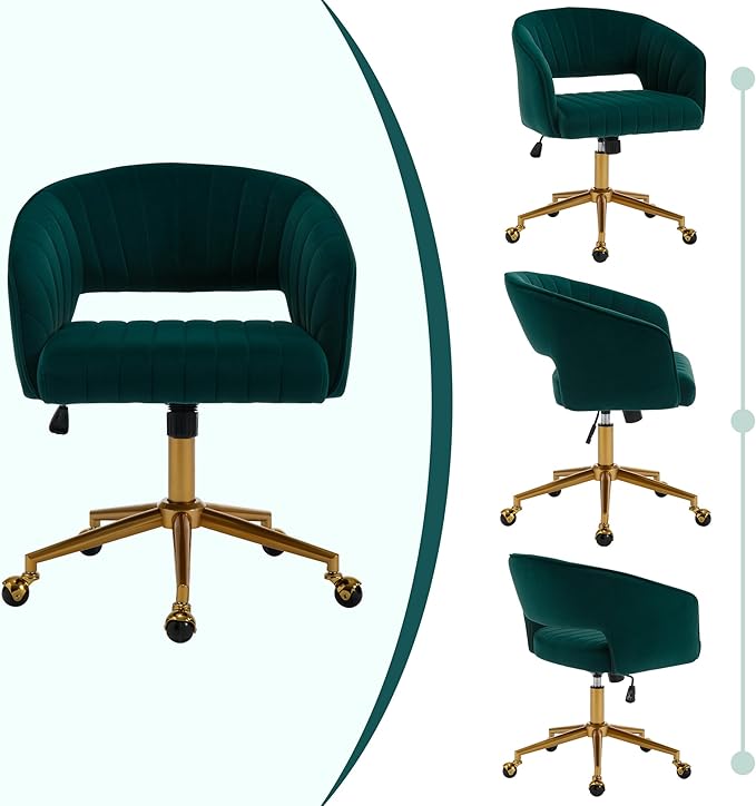 Westice Home Office Desk Chairs, Modern Velvet Rolling Chair, Height Adjustable Swivel Vanity Chair with Metal Base, Ergonomic Chair for Study, Living Room Computer Room, Green