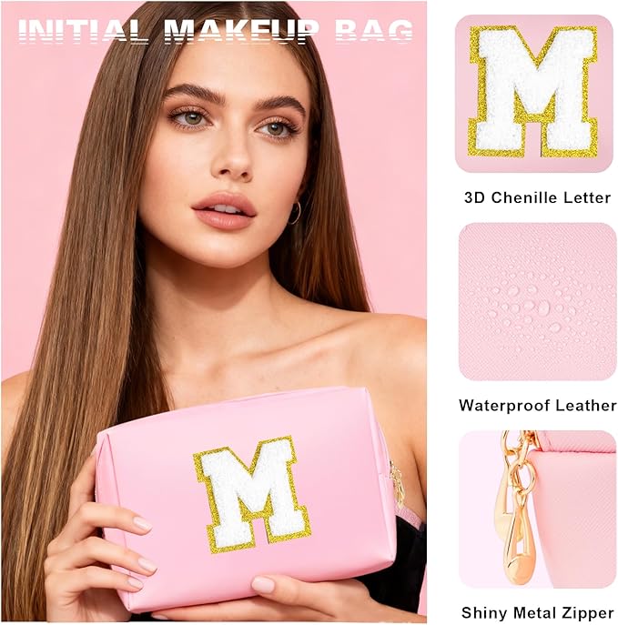 Initial Makeup Bag - Birthday Gifts for Girls 4 5 6 7 8 9 10 11 12 Year Old Teen Girls, Personalized Teen Girl Gifts - Preppy Cosmetic Bags Cute claw clips for Kids Women (Pink M)
