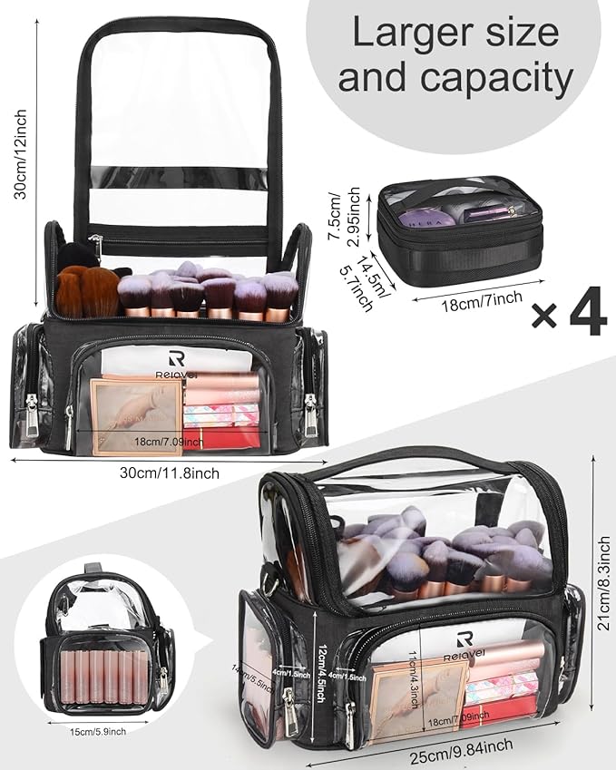 Makeup Brush Bag With 4 Mini Pouches, Makeup Brush Holder Professional Makeup Artist Travel Case Clear Waterproof Cosmetic Organizer Bag, with Adjustable Strap and Dividers