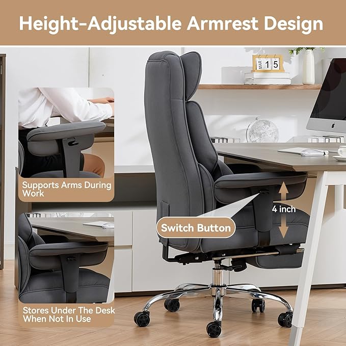 Efomao Big and Tall Office Chair with Footrest - Breathable Mesh Executive Chair, Heavy Duty Computer Desk Chair for Home Office, Ergonomic Lumbar Support & Reclining Mesh Gaming Chair, Bluegrey