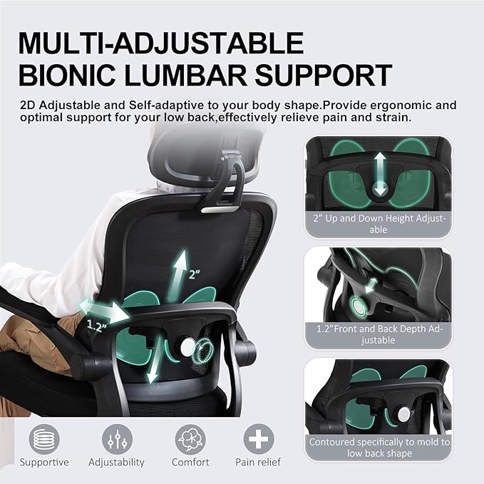 Ergonomic Office Chair,Ultra Thick Office Desk Chair with Adjustable Lumbar Support and Headrest,Spring Cushion,Rocking Function,Flip-up arms,Mesh Computer Chair for Home Office,Black