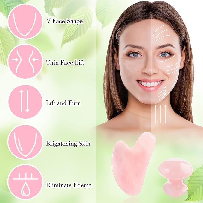 2 Pcs Gua Sha Scraping Massage Tool Gua Sha Facial Tool Massage Stone Gua Sha Tool for Body Spa Skincare Eye Face Neck Beauty Relaxing (Rose Quartz)