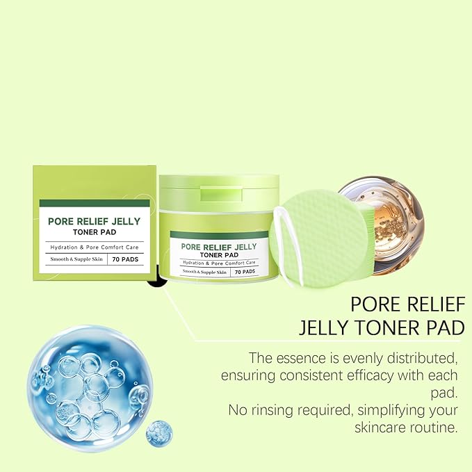 Pore Relief Jelly Toner Pads, Hydrating Cactus Gel – 70 Cooling & De-Puffing Face Pads with Tweezers, Exfoliating & Soothing Dual-Sided Pore Care for Daily Moisture.