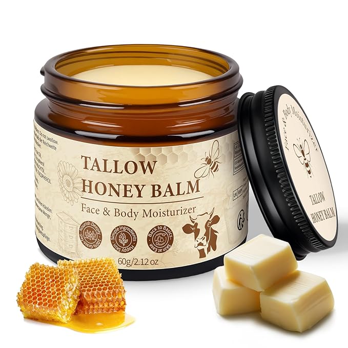 Tallow and Honey Balm for Face, Beef Tallow for Skin, Grass-Fed Beef Tallow & Raw Wild Honey, Body & Face Moisturizer