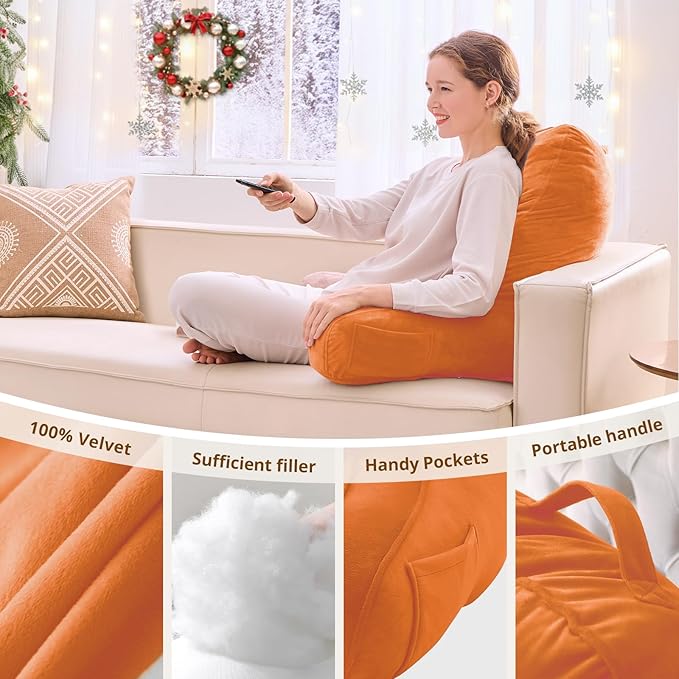 Sasttie Reading Pillow for Bed - 23 Inch, Back Pillow for Bed Sitting Up, Back-Rest Support Cushion with Side Pockets and Arms, Dorm Essentials, Oeko-Tex Certified, Orange
