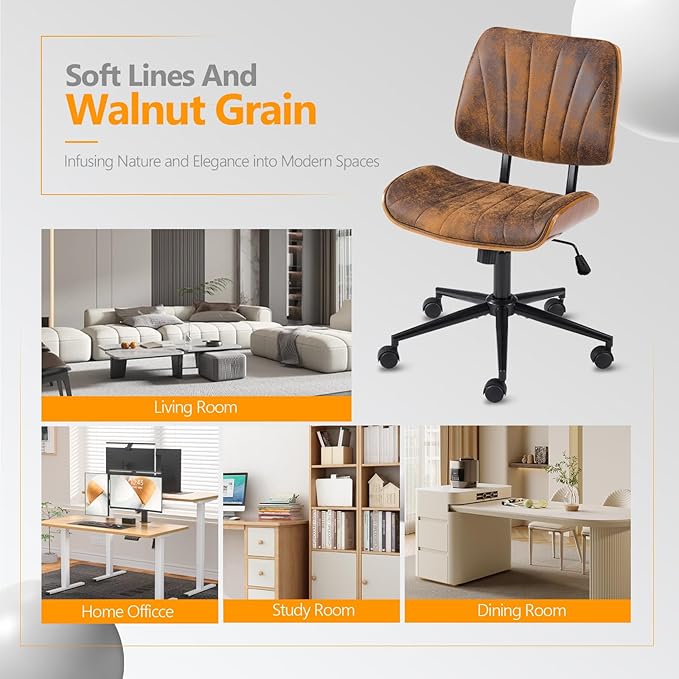 VINGLI Wide Curved Seat&Back Armless Home Office Chair,Ergoromic Adjustable-Height Desk Chair,Swivel&Tilting Function,Stylish Walnut Task Chair for Meeing Room,Dining Room,Vintage Rustic