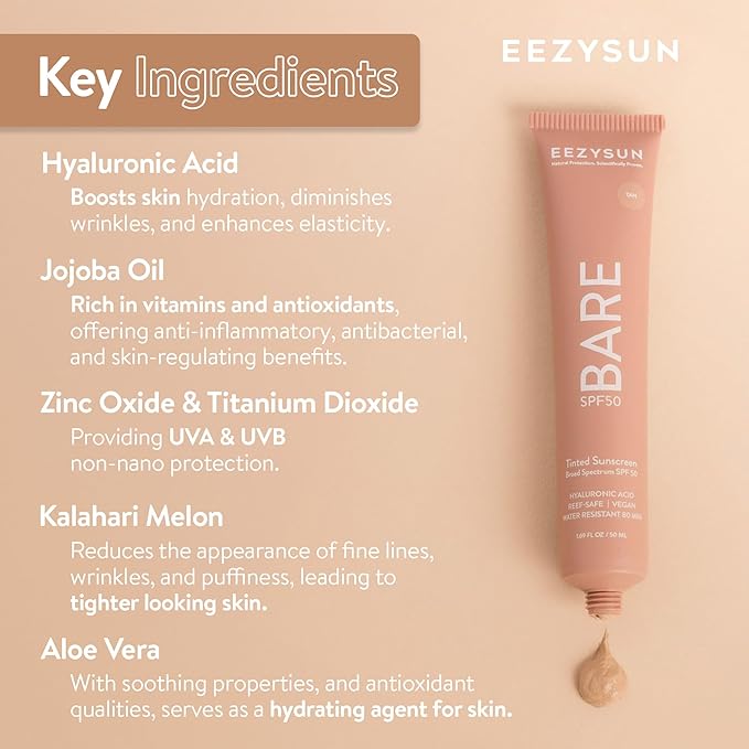 BARE Tinted Sunscreen for Face SPF 50 - Non-Greasy, Weightless, Water-Resistant, Vegan & Reef-Safe Tinted Moisturizer with SPF, Hyaluronic Acid, Jojoba Oil - All Skin Types, 1.69 fl oz - Tan