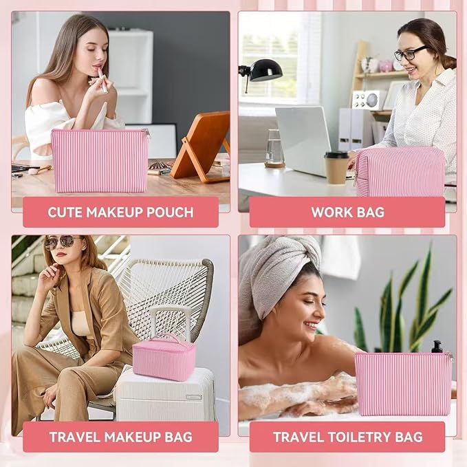 3 Pieces Makeup Bag Set Cute Cosmetic Pouch for Women Seersucker Cosmetic Bag Aesthetic Travel Toiletry Organizer Preppy Small Makeup Purse Pouch Skincare Brushes Storage Organizer for Women (Pink)