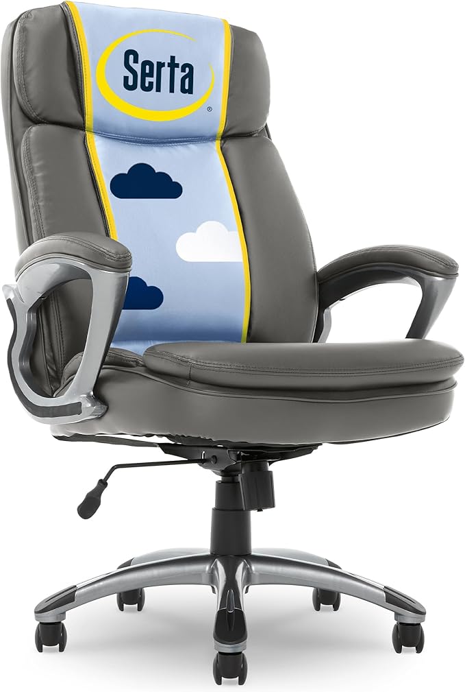 Serta Fairbanks Big and Tall Executive Office Chair - Ergonomic High Back Computer Desk Chair with Lumbar Support, Memory Foam Seat Cushion, Padded Armrests, Bonded Leather, 350 lb Capacity - Gray