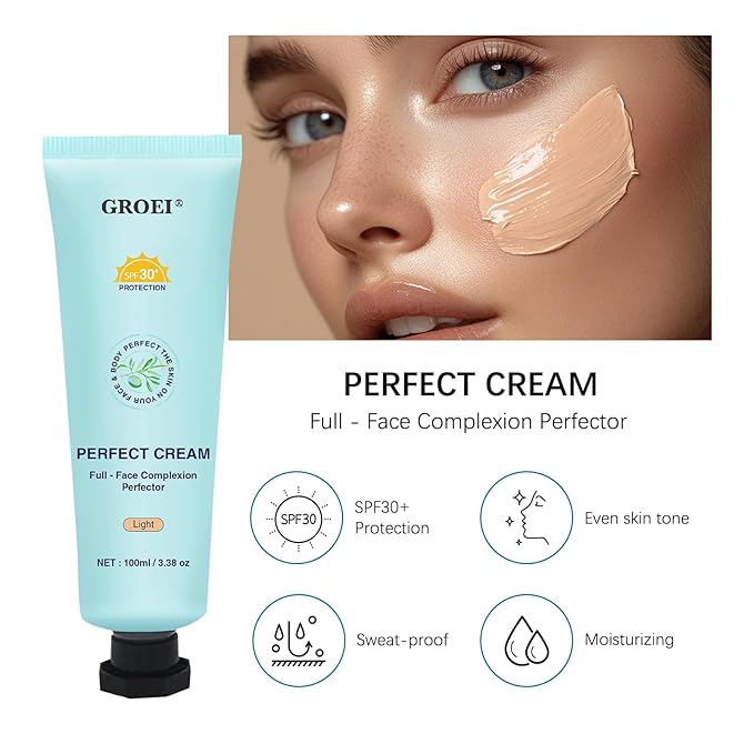 Perfect Cream All-Over Complexion Perfector | Long-Lasting BB Foundation & Concealer | SPF 30 Tinted Moisturizer for Face/Body (Light)