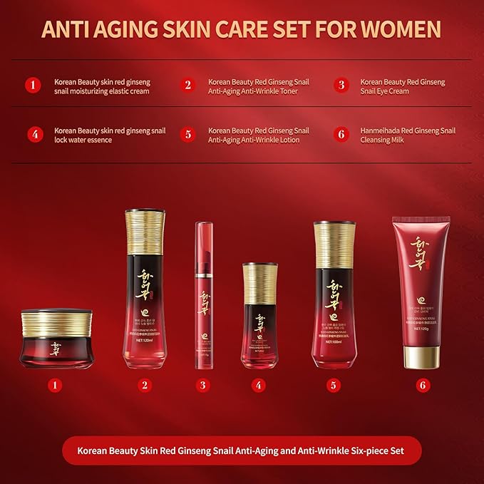 Red Ginseng Snail Skincare Set for Women & Men, 6-Piece Anti-Aging Facial Care Kit with Toner, Emulsion, Essence, Cleanser, Face Cream & Eye Serum – Daily Hydrating Gift Set