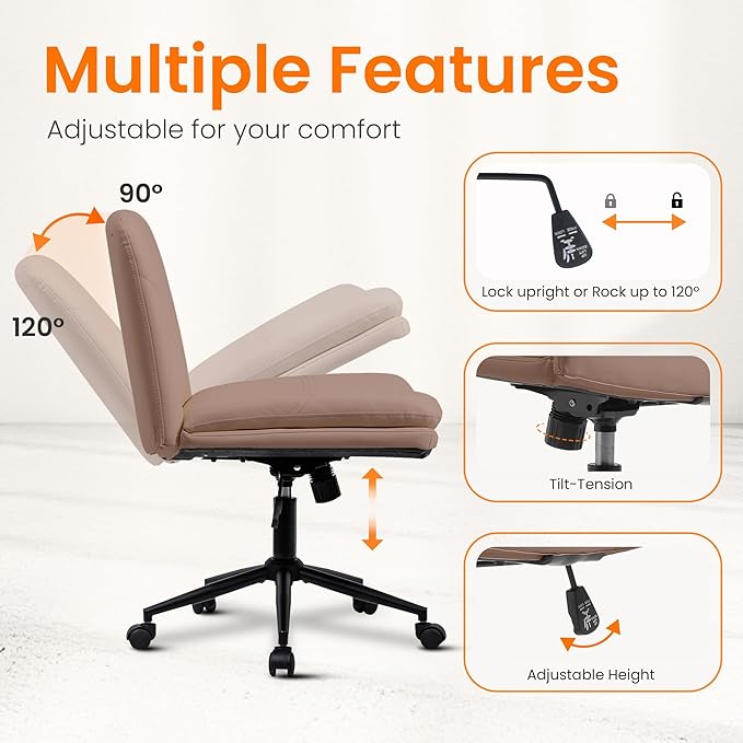 NEO Chair Criss Cross Chair with Wheels Armless Cross Legged Office Desk Wide Comfy Vanity Makeup Chair Adjustable Swivel Rolling Computer for Home Office PU Leather (Brown)