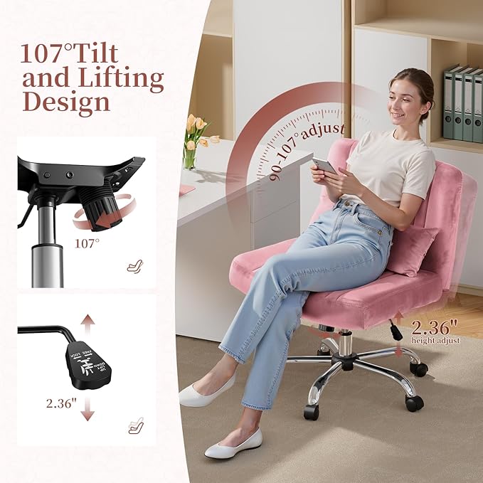 Warmiehomy Velvet Criss Cross Desk Chair with Wheels, Luxury Cross Legged Office Chairs for Home Office, Swivel Wide Seat Vanity Chair, Armless Adjustable Height Gaming Chair Gift, Rose Pink