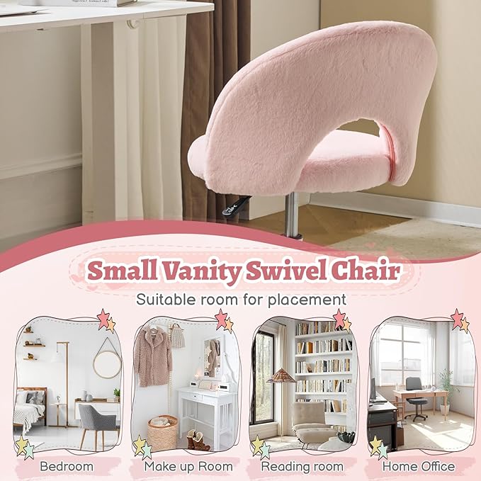 VINGLI Small Vanity Chair with Faux Fur Wheels for Girls,Cute Adjustable Height Armless Office Desk Chair,360°Swivel Comfy Rolling for Study,Make up Room,Small Space,Light Pink