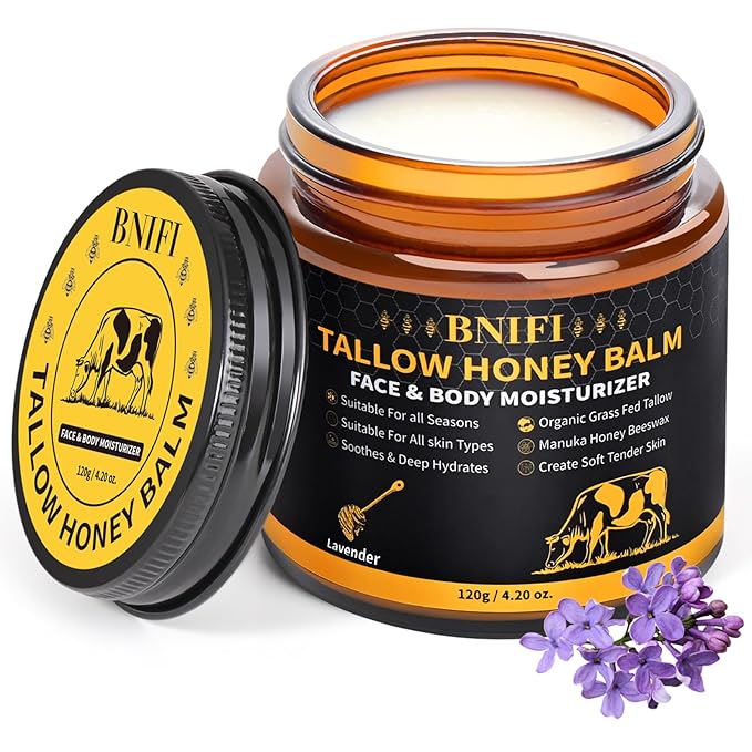 Tallow and Honey Balm for Face Beef Tallow for Skin Organic Grass-Fed Beef Tallow Balm for Face Body Moisturizer (Lavender)