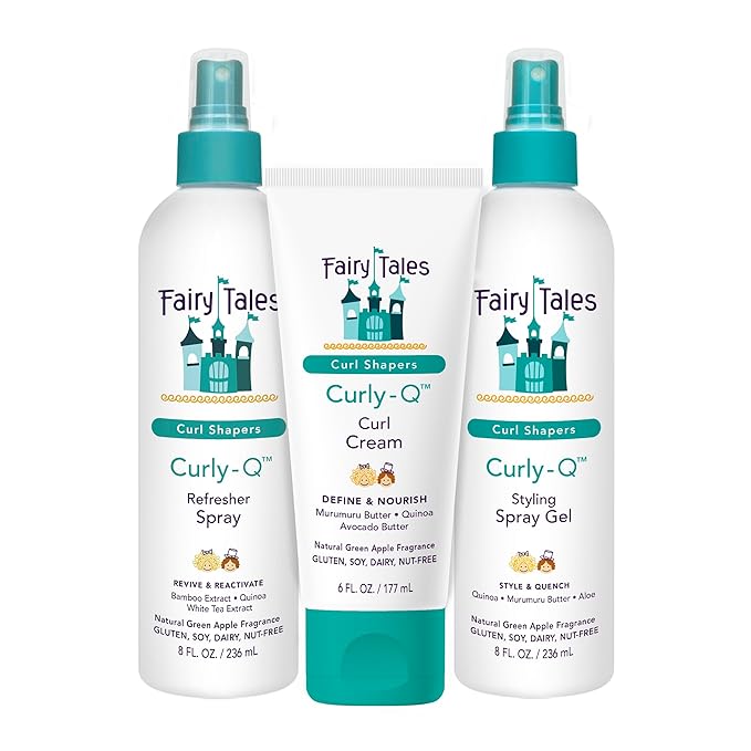 Fairy Tales Curly Q Kids Curly Hair Styling Products Set – Curl Cream, Curl Refresher & Curl Styling Spray Gel - Green Apple Scent, Phthalate, Paraben, Gluten Free, 3 Count
