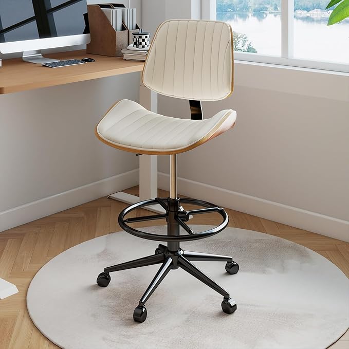 Drafting Chair, Ergonomic Office Chair with Walnut Wood Back Support, Armless PU Leather Desk Chair with Height-Adjustable, Thick Cushion for Home, Bar, Drafting, Office (Beige)