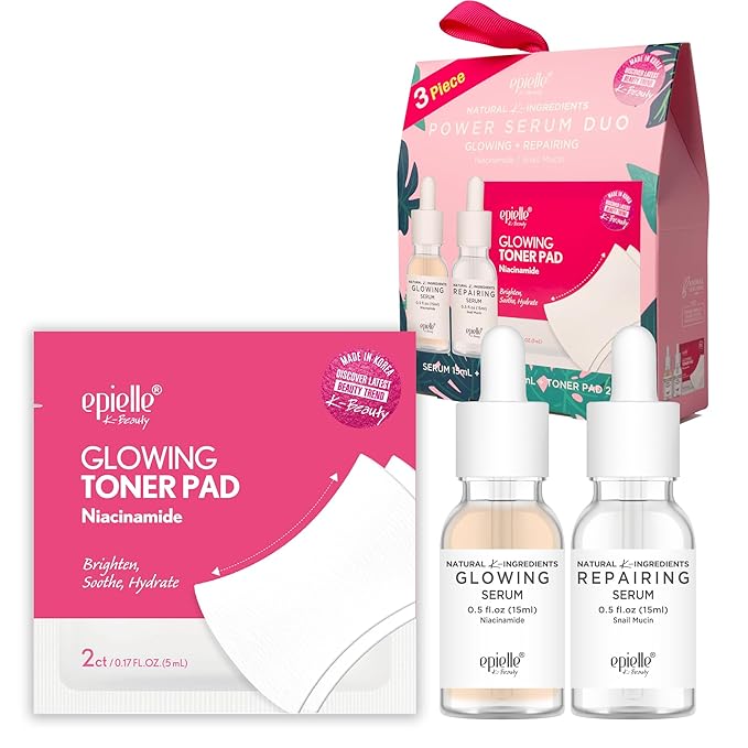 Epielle Power Serum Duo with Glowing Toner Pads, Glowing & Repairing Serums with Niacinamide & Snail Mucin, Skincare Set, Vegan & Cruelty-Free, Korean Skin Care