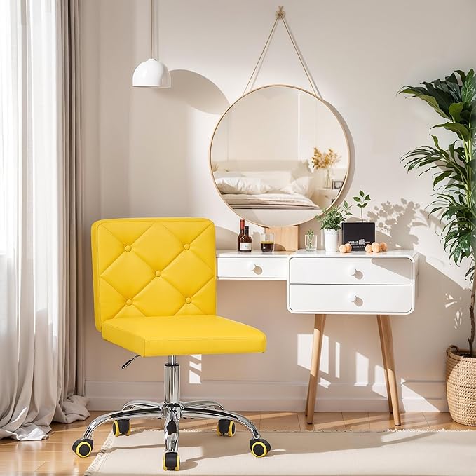 VECELO PU Leather Mid-Back Armless Vanity Chair Adjustable Height 360° Rolling Swivel for Home Office Work
