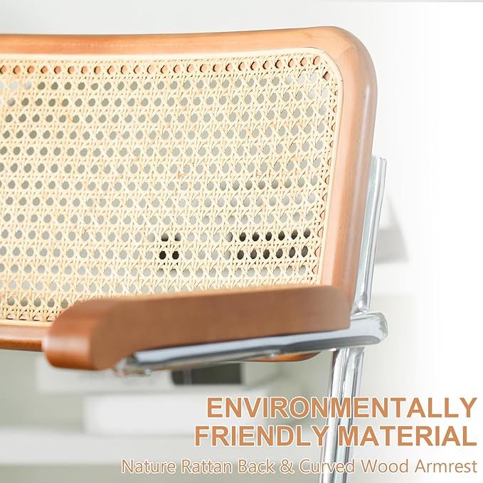 Rattan Office Chairs, Modern Desk Chair with Natural Rattan Back & Wood Armrest, Small Upholstered Tufted Leather Home Office Desk Chairs for Home Ofice, Bedroom, Study (Brown, Genuine leather)
