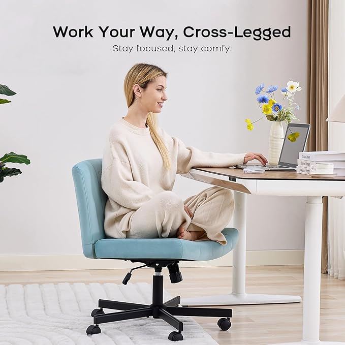LukkDys Criss Cross Chair with Wheels, Wide Cross Legged Desk Chair, Comfy Fabric Vanity Chair for Home Office Bedroom, Adjustable Armless Swivel Task Chair with 90–115° Tilt, Pale Blue