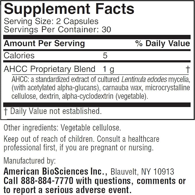 American BioSciences ImmPower AHCC Herbal Mushroom Supplement, 500mg per Capsule for Immune Support, Maintains Natural Killer Cell Activity, Pack of 1, 60 Veggie Capsules