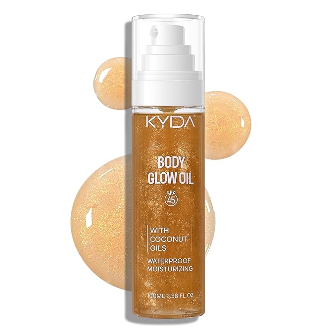 Sunscreen Body Glow Oil, Broad Spectrum SPF 45, Lightweight Waterproof Moisturizing Coconut Shimmer Oil with Gold Mica, Travel Size Summer Sunscreen Skin Illuminator-AMBER, 3.38 fl oz