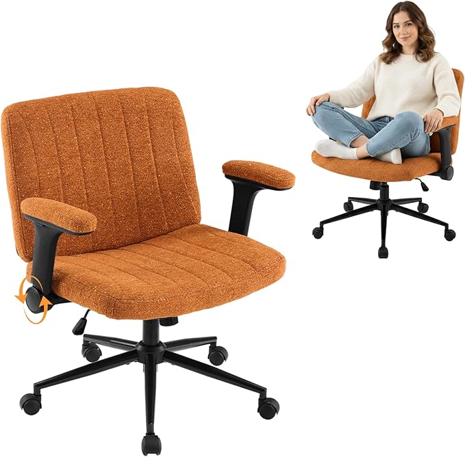 VINGLI Criss Cross Chair with Adjustable Flip-Up Arms,Cross Legged Chair with Wheels,Extra Wide Office Chair,Desk Chair for Home Office,Vanity,Bedroom, Apartment,Starry Chenille,Burnt Orange