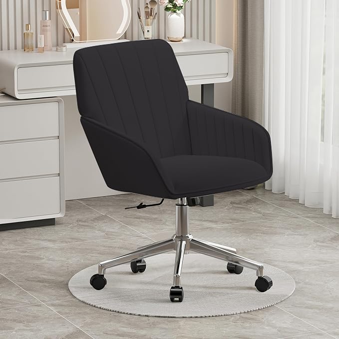 YISHENG Velvet Office Desk Chair with Silver Base, with Wheels,Modern Height Adjustable 360 Degree Swivel Upholstered Vanity Chairs with Arms for Living Room Bedroom,Black