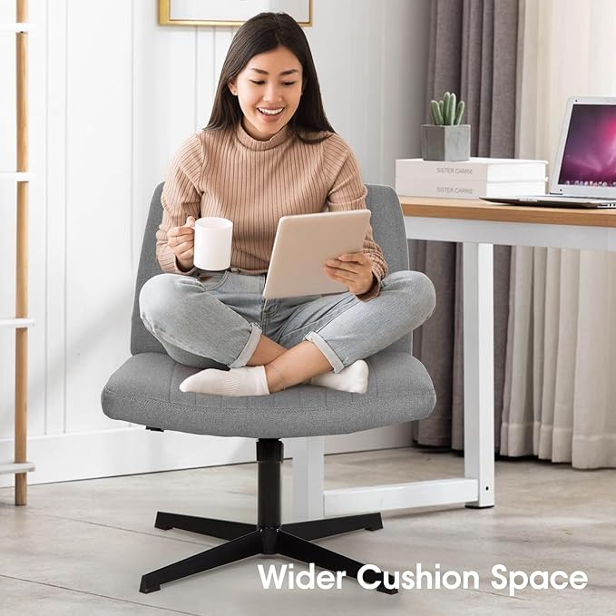 PayLessHere | Criss Cross Chair | Grey | Wide, Armless Desk Chair Without Wheels | 360 Swivel, Height Adjustable & Stable Metal Base | for Office, Home Office, Vanity Seating